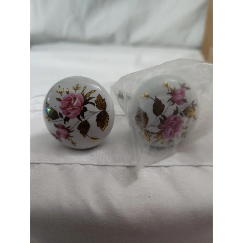 Vintage Ceramic Drawer Knob Gold Leafs With Pink Roses
